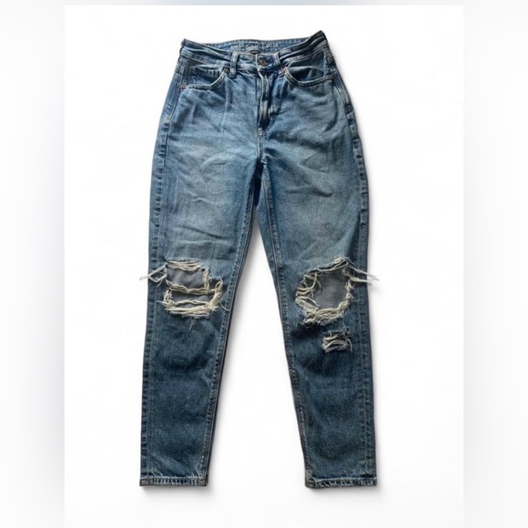 💕 American eagle mom jeans strigid blue distressed denim high waist size 24 - Picture 2 of 8
